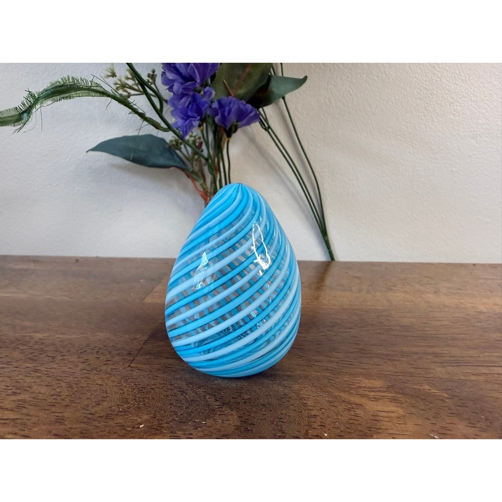 Vintage Murano Style Art Glass Egg Paperweight Blue White Spiral Latticino Decor